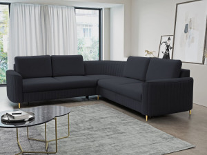 Ecksofa L-Form Rechts mit Schlaffunktion und Bettkasten Limon Dunkelblau