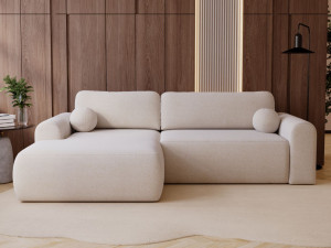 Ecksofa L-Form mit Schlaffunktion und Bettkasten Savana Links Bouclé-Stoff Creme