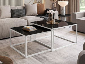 Couchtisch auf weißem Gestell mit Glasplatte Asumi Schwarz 35x41
