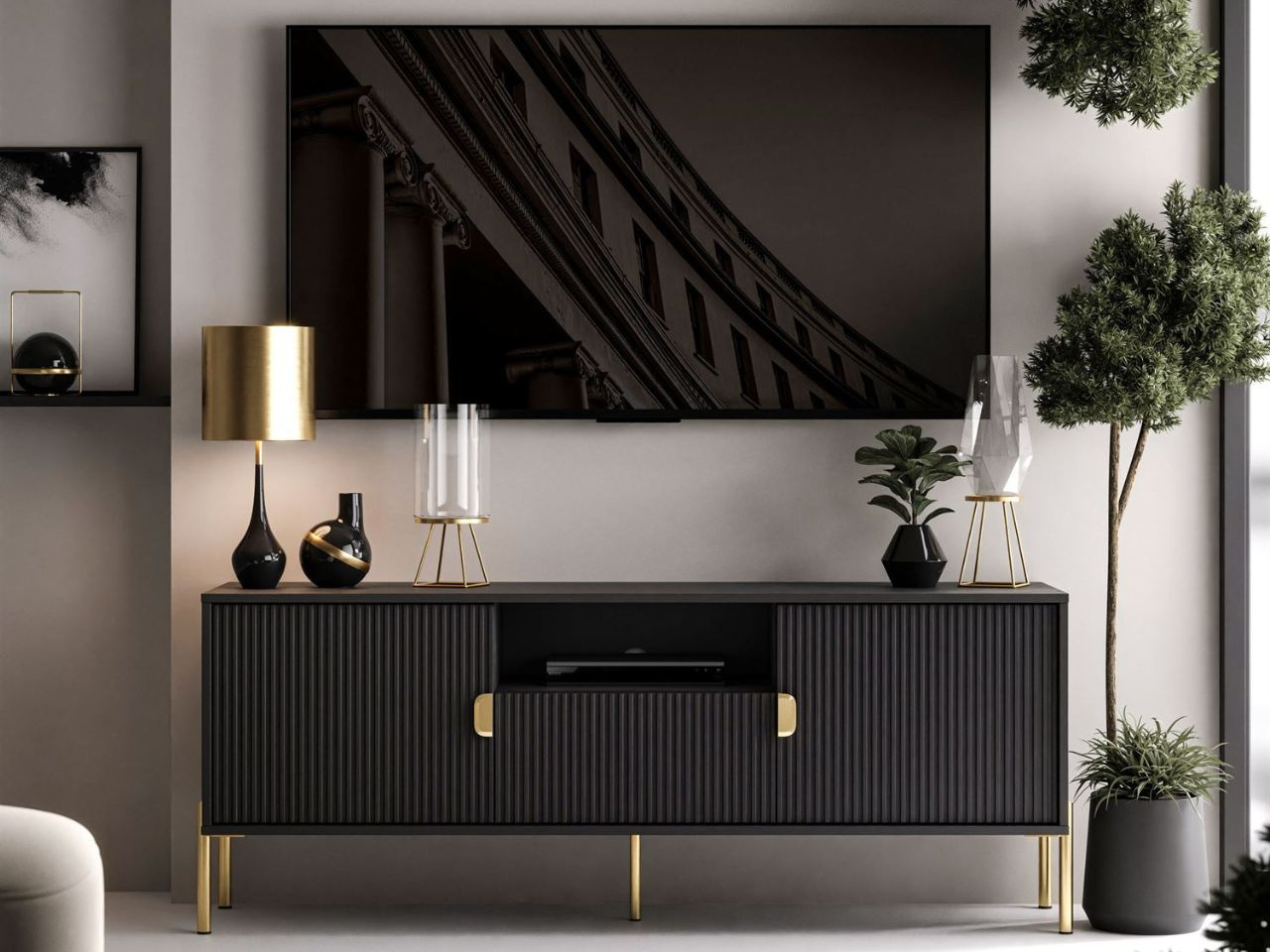 TV-Lowboard zweitürig mit Schublade und goldenen Metallfüßen Orlean Schwarz Matt