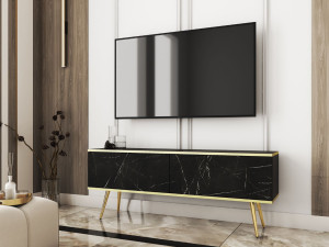 TV-Lowboard mit Türen 135 cm Diolo Schwarzer Marmor mit glatter Front auf goldenen Beinen