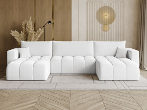 Wohnlandschaft mit Schlaffunktion und Bettkasten Neva Bouclé-Stoff Weiß