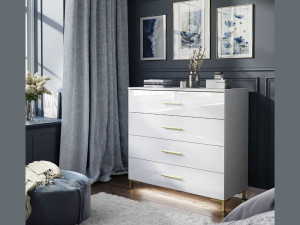 Kommode mit vier Schubladen und LED-Beleuchtung auf Goldenen Beinen Nuveo Weiß Hochglanz