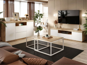 Wohnzimmer-Set – TV-Schrank und Kommode Asumi Weiß und Eiche Wotan