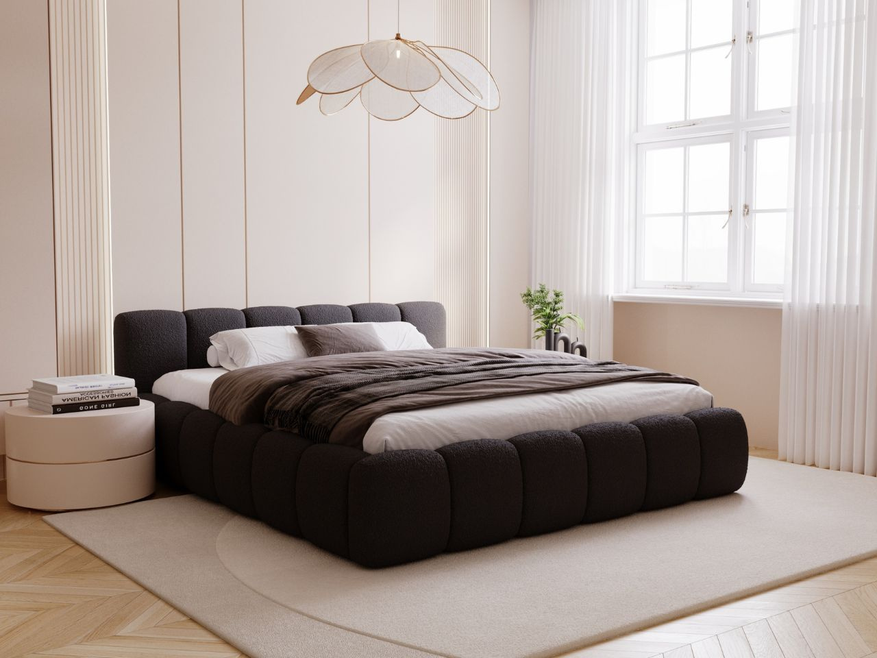 Polsterbett mit Bettkasten und Lattenrost 160x200 Cloud Low Bouclé-Stoff Schwarz