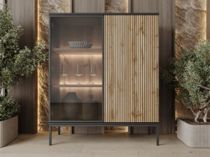 Vitrinenschrank mit Led Deo 126 cm Schwarz, EIche Wotan