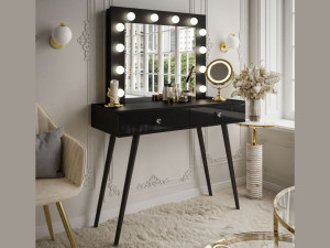 Schminktisch glamour mit Schubladen, Kristallgriffen und LED-Beleuchtung Olivine Schwarz Hochglanz