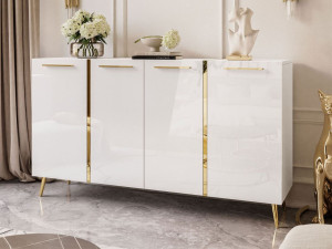 Viertürige Kommode 158 cm Glamour-Stil mit goldenen Griffen und Beinen Lunelie Weißglanz