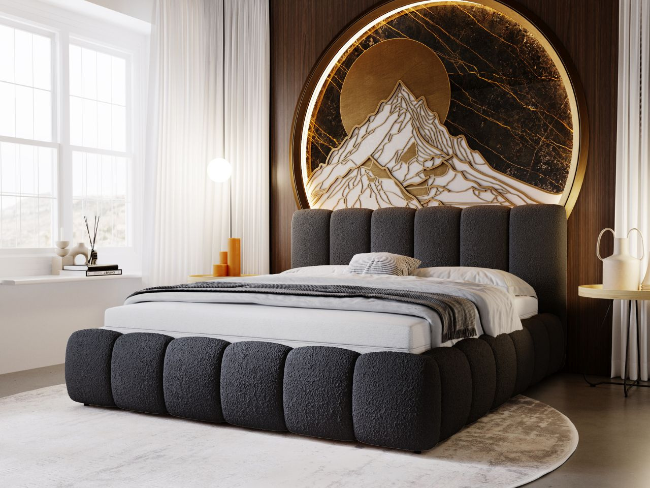 Polsterbett mit Bettkasten und Lattenrost 200x200 Cloud Bouclé-Stoff Schwarz