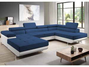 Wohnlandschaft Rechts mit Schlaffunktion und Bettkasten Solam U Marineblau, Weiß