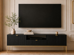 TV-Lowboard mit Schublade und Türen Amber Schwarz, Gold Frame
