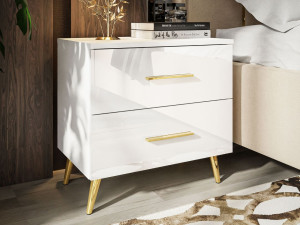 Nachttisch mit Schubladen auf Goldenen Metallbeinen Nuveo Weiß Hochglanz