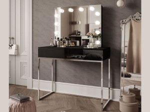 Schminktisch Glamour mit Schubladen, Spiegel und LED-Beleuchtung Brisa Schwarz Hochglanz
