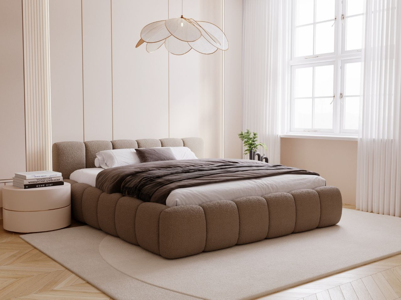 Polsterbett mit Bettkasten und Lattenrost 140x200 Cloud Low Bouclé-Stoff Braun
