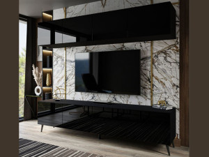 Wohnwand für das Wohnzimmer auf Schwarzen Metallbeinen Noaé Weiß Hochglanz