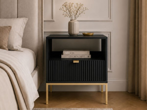 Nachtschrank mit Schublade Amber Schwarz, Gold Frame