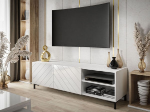 TV-Schrank im Glamour-Stil mit gefrästen Fronten und schwarzen Beinen Vionel Weiß glänzend