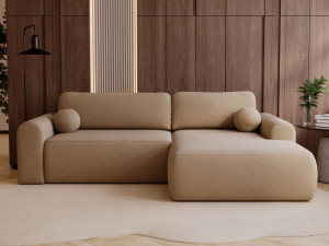 Ecksofa L-Form mit Schlaffunktion und Bettkasten Savana Rechts Bouclé-Stoff Hellbraun