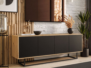TV-Lowboard mit Türen auf schwarzem Gestell Vivance Schwarz und Artisan Eiche