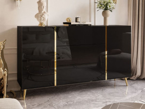 Zweitürige Kommode 158 cm mit drei Schubladen und Metallbeinen Lunelie Schwarzglanz