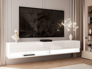 Hänge TV-Schrank 180 cm für Wohnzimmer mit LED-Beleuchtung Aurelie Weiß Hochglanz
