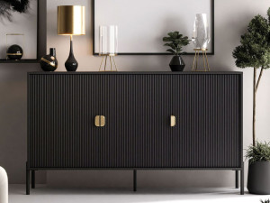 Kommode dreitürig breit mit Goldgriffen Orlean Schwarz Matt