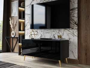 TV-Lowboard mit Türen und LED-Beleuchtung auf Goldenen Metallbeinen 100 cm Noaé Schwarz Hochglanz