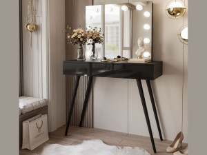 Schminktisch im Glamour-Stil mit Schubladen, Schwarzen Beinen und LED-Beleuchtung Olivine Elite Schwarz Hochglanz