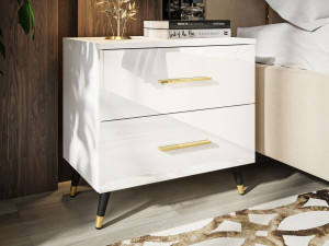 Nachttisch mit Schubladen auf Schwarz-Goldenen Metallbeinen Nuveo Weiß Hochglanz