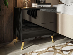 Nachttisch mit Schubladen auf Goldenen Metallbeinen Nuveo Schwarz Hochglanz