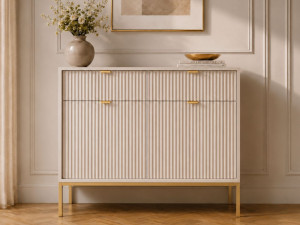 Kommode mit Türen und Schubladen Amber Kaschmir auf goldenen Beinen