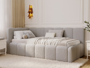 Jugendbett Einzelbett mit Bettkasten und Lattenrost 90x200 Cloud One Grau Bouclé-Stoff