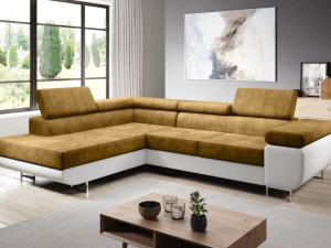 Ecksofa L-Form Links mit Schlaffunktion und Bettkasten Solam L Gelb, Weiß