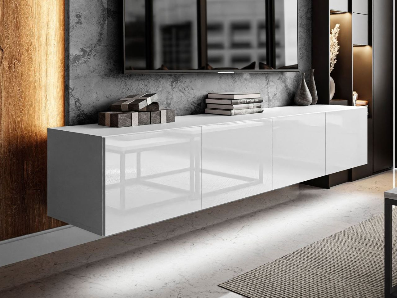 Hängeschrank mit Türen und LED-Beleuchtung 200 cm Nodoo Weiß Hochglanz
