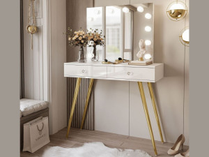 Schminktisch im Glamour-Stil mit Schubladen, Kristallgriffen und LED-Beleuchtung Olivine Elite Weiß Hochglanz
