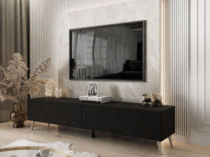 TV-Lowboard mit zwei Türen auf silbernen Beinen 175 cm mit LED-Beleuchtung Sorelle Schwarz Matt