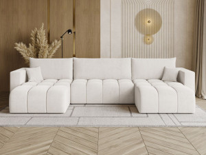 Wohnlandschaft mit Schlaffunktion und Bettkasten Neva Hellbeige