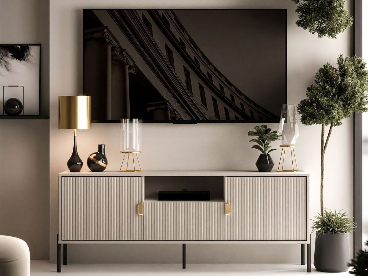TV-Lowboard zweitürig mit Schublade und schwarzen Metallfüßen Orlean Kaschmir Matt