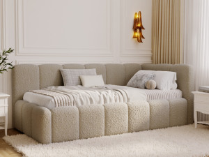 Jugendbett Einzelbett mit Bettkasten und Lattenrost 90x200 Cloud One Dunkelbeige Bouclé-Stoff