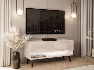 TV-Schrank 90 cm mit LED-Beleuchtung und schwarzen Beinen Aurelie Kaschmir Hochglanz