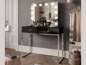 Schminktisch Glamour mit Schubladen, Spiegel und LED-Beleuchtung Brisa Schwarz Hochglanz