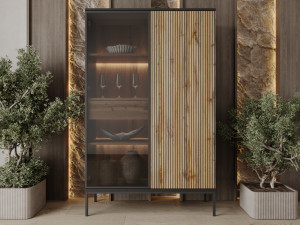 Vitrinenschrank mit Led Deo 166 cm Schwarz, EIche Wotan