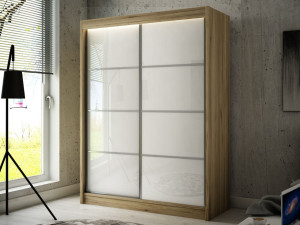 Schiebetürenschrank mit Sprossen 150 cm mit LED-Beleuchtung Ponti Handwerk Goldene Eiche, Weiß