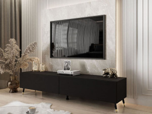 Zweittüriges TV-Lowboard auf schwarz-goldenen Beinen 175 cm mit LED-Beleuchtung Sorelle Schwarz matt