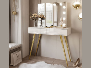 Schminktisch im Glamour-Stil mit Schubladen, Spiegel und LED-Beleuchtung Olivine Elite Weiß Hochglanz
