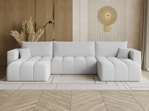 Wohnlandschaft mit Schlaffunktion und Bettkasten Neva Bouclé-Stoff Grau