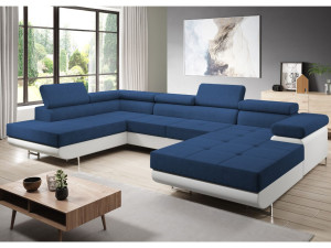 Wohnlandschaft Links mit Schlaffunktion und Bettkasten Solam U Marineblau, Weiß
