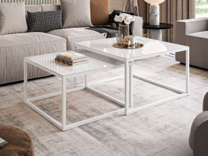 Couchtisch auf weißem Gestell mit Glasplatte Asumi Weiß 35x41