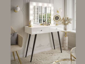 Schminktisch glamour mit Schubladen, schwarzen Beinen und LED-Beleuchtung Olivine Weiß Hochglanz