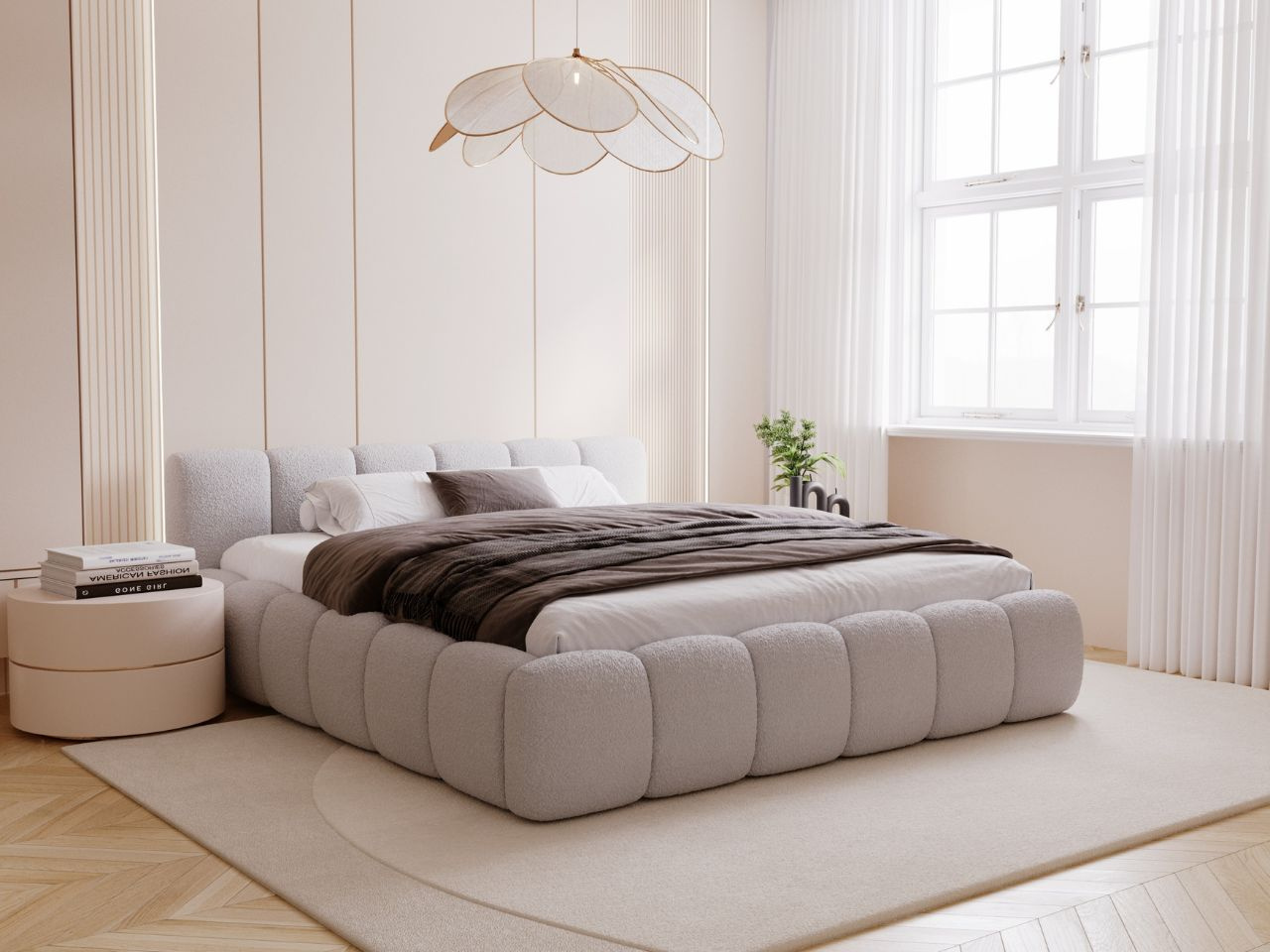 Polsterbett mit Bettkasten und Lattenrost 160x200 Cloud Low Bouclé-Stoff Grau